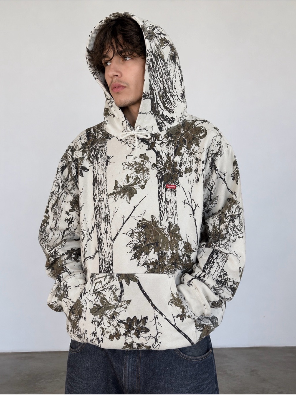 Supreme Hooded Pullover In White With Brown/Olive Tree Print
